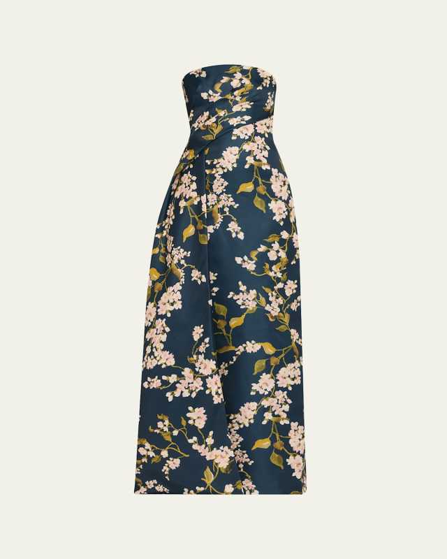 Strapless Draped Wisteria Printed Gazar Gown